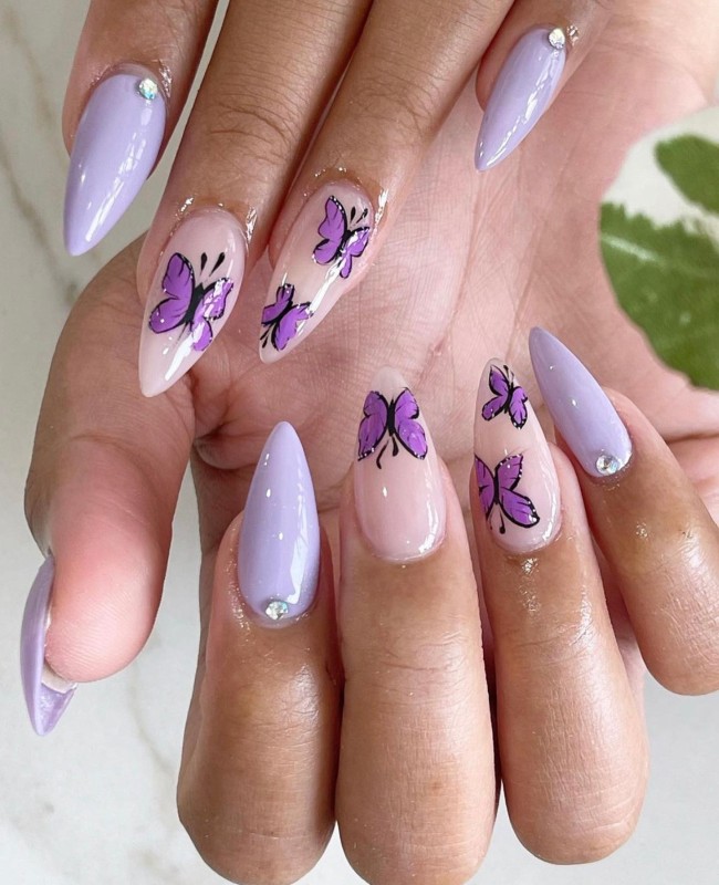 44 Cute Butterfly Nail Art Designs — Purple Butterfly Stiletto Nails