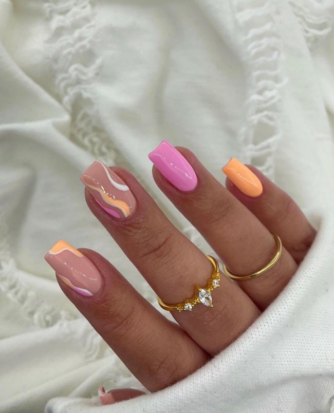 70 Pretty Nails That Are Appropriate To Wear in Summer — Barbie Pink and Peach Square Nails