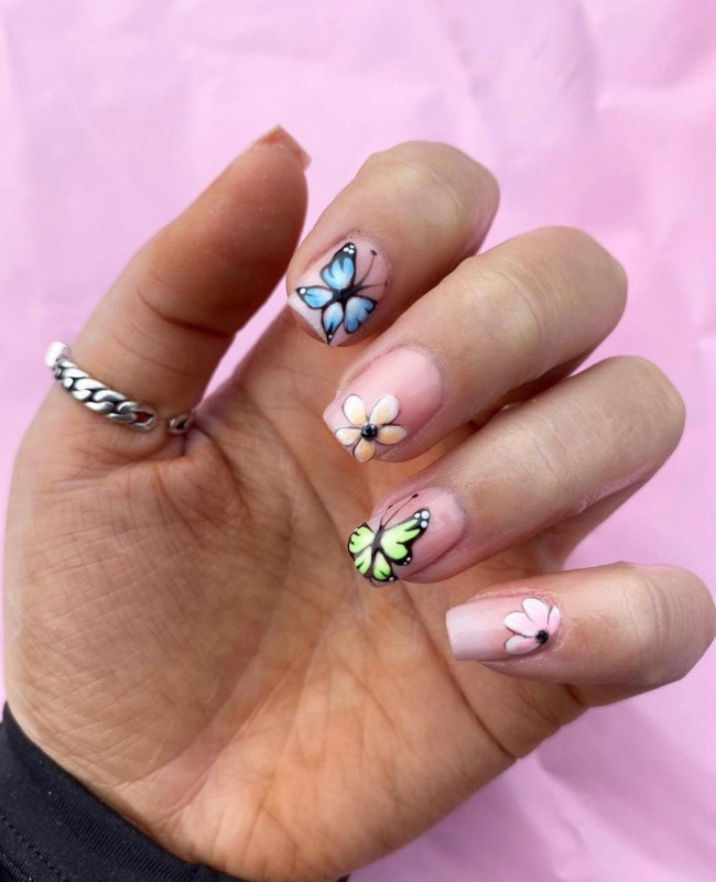 44 Cute Butterfly Nail Art Designs — Colorful Butterfly Short Nails