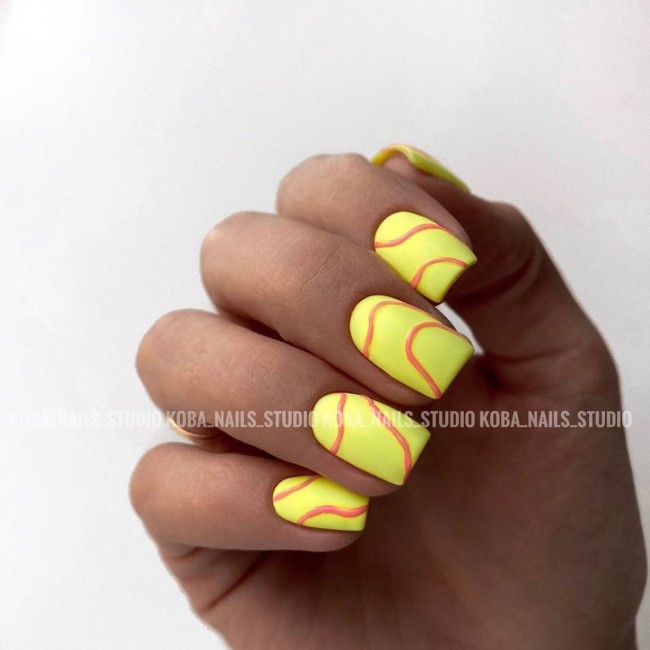 70 Pretty Nails That Are Appropriate To Wear in Summer — Coral Swirl Yellow Nails