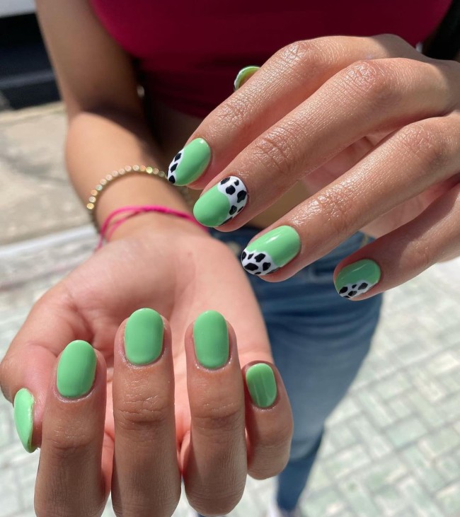 70 Pretty Nails That Are Appropriate To Wear in Summer — Jade Green with Cow Print Accents