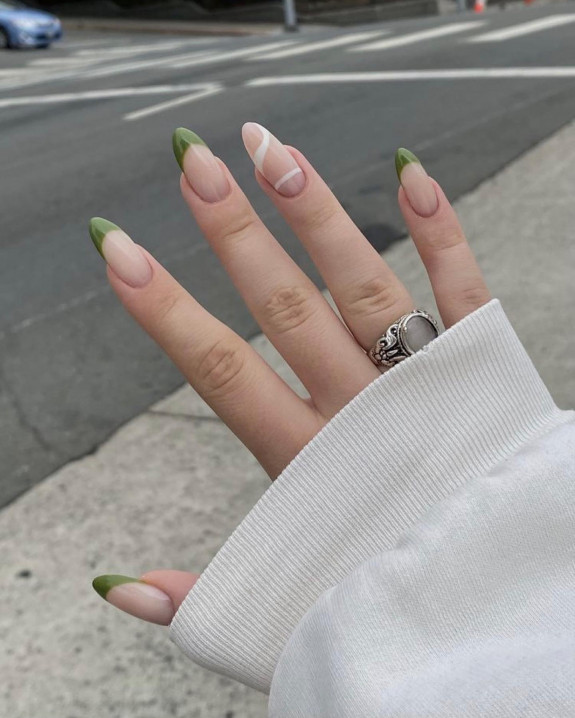 42 Swirl Nails with Pretty Color Combos — Green French + White Swirl Nails