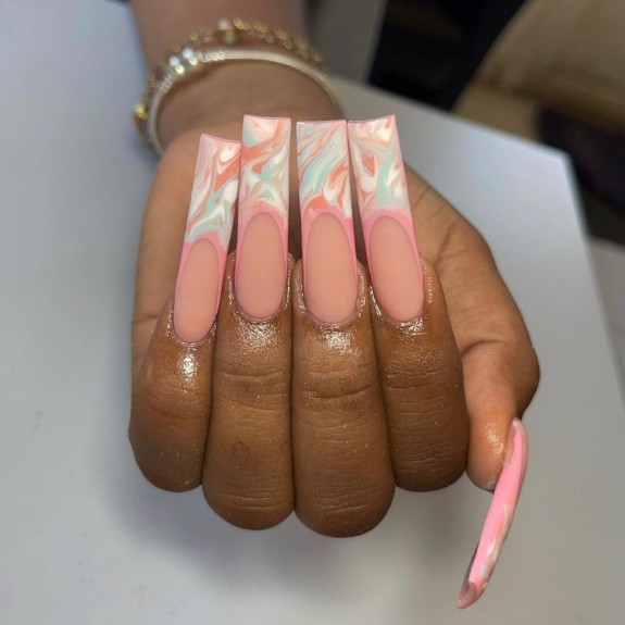 30 Marble French Tip Acrylic Nails — Brown and Pink Marble