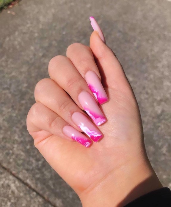 30 Marble French Tip Acrylic Nails — Shades of Pink Marble