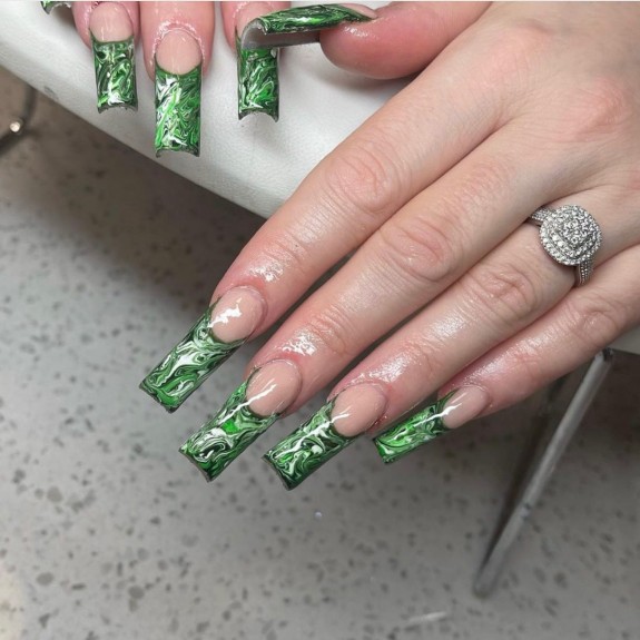 30 Marble French Tip Acrylic Nails — Emerald Green Marble French Tips