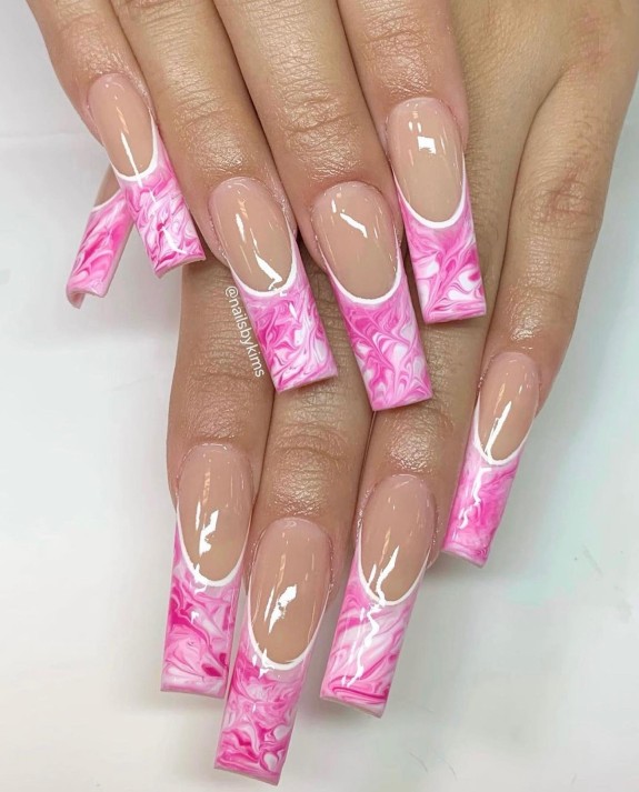 30 Marble French Tip Acrylic Nails — Pink Marble Nails