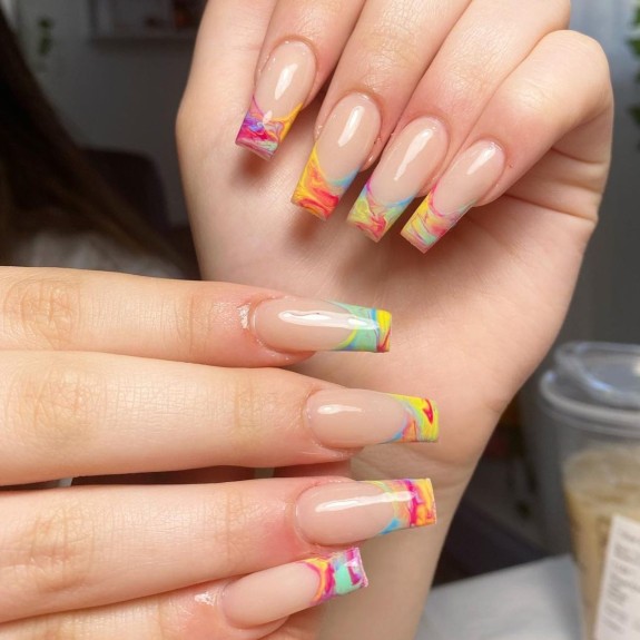 30 Marble French Tip Acrylic Nails — Colorful Marble French Tip Nails