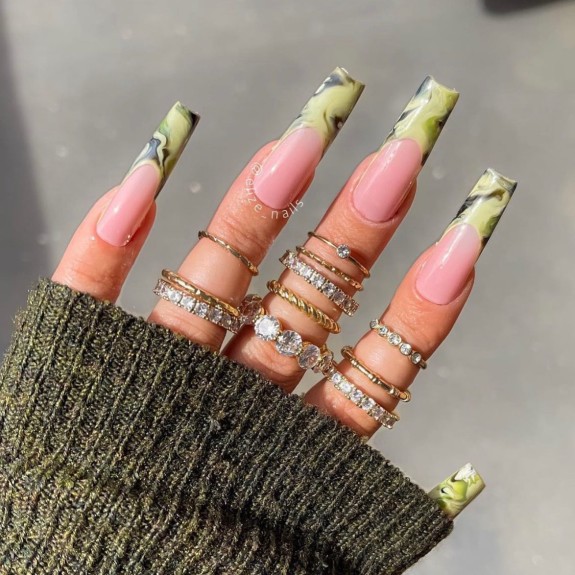 30 Marble French Tip Acrylic Nails — Green Camouflage French