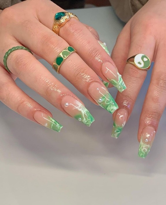 30 Marble French Tip Acrylic Nails — Green Marble Nails with Pearls