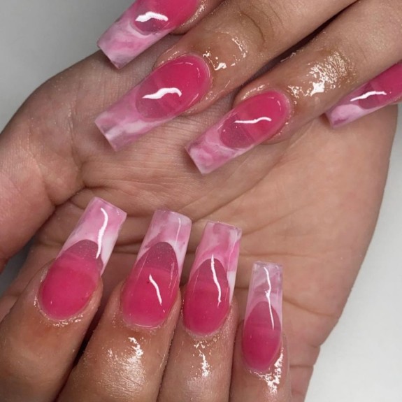 30 Marble French Tip Acrylic Nails — Pink Marble Jelly Pink Nails