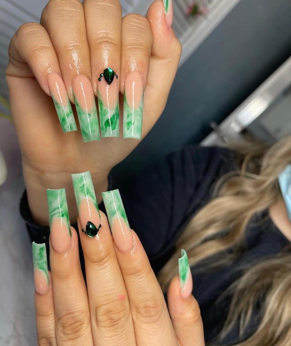 30 Marble French Tip Acrylic Nails — Marble Green Nails