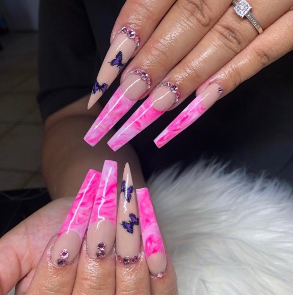 30 Marble French Tip Acrylic Nails — Hot Pink Marble with Butterfly