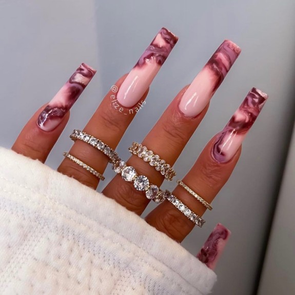 30 Marble French Tip Acrylic Nails — Plum Marble Nails