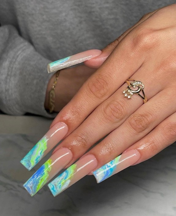 30 Marble French Tip Acrylic Nails — Blue and Green Side French Nails