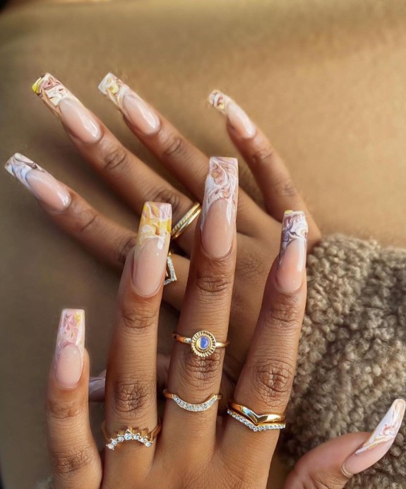 marble french tip nails, nude marble nails, long marble acrylic nails, green marble french tip nails, brown marble french tip nails, pink marble french tip nails, purple marble acrylic nails