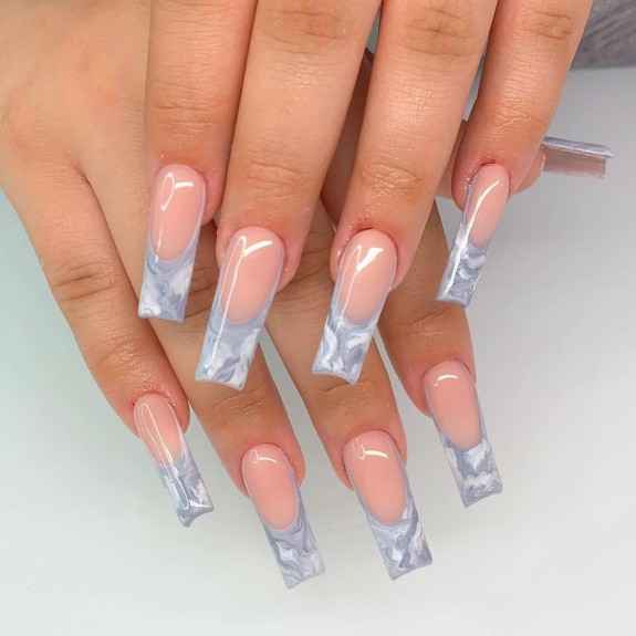 30 Marble French Tip Acrylic Nails — Smokey Marble French Acrylic Nails