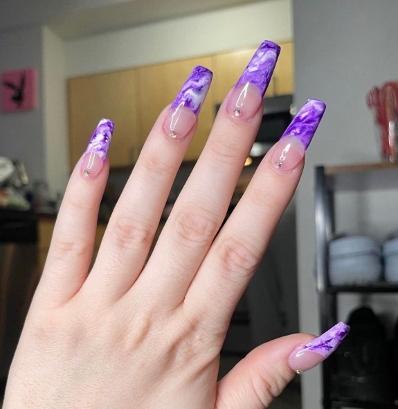 30 Marble French Tip Acrylic Nails — Purple French Tips