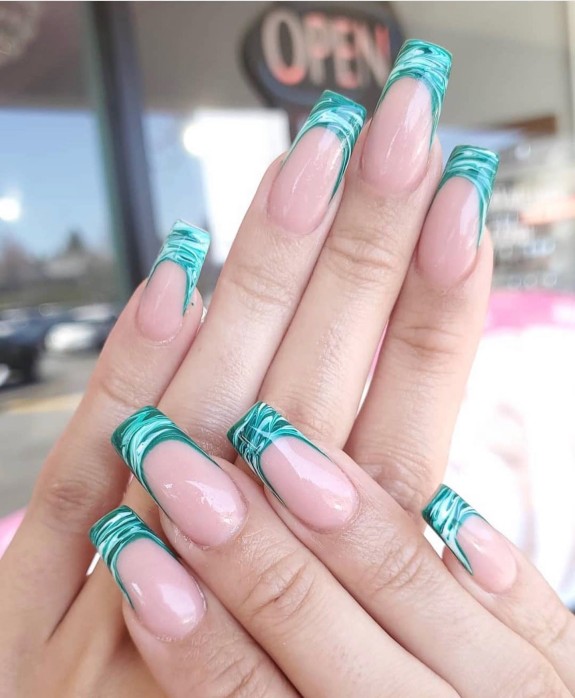 30 Marble French Tip Acrylic Nails — Green Marble Tips