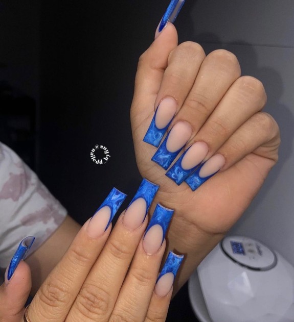 30 Marble French Tip Acrylic Nails — Dark Blue Marble Nails