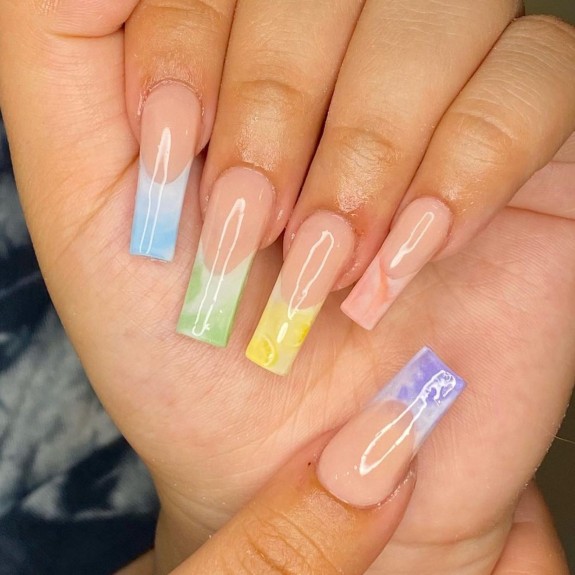 30 Marble French Tip Acrylic Nails — Pastel French Tips