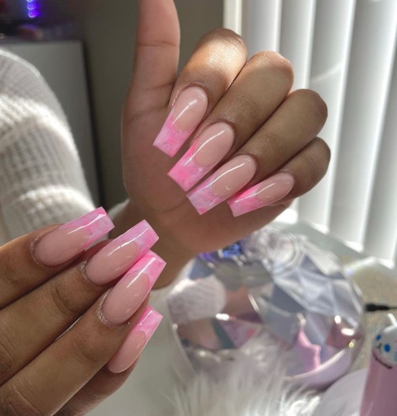 30 Marble French Tip Acrylic Nails — Light Pink Marble Tips