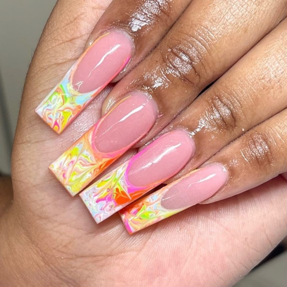 30 Marble French Tip Acrylic Nails — Pink and Yellow Marble Nails