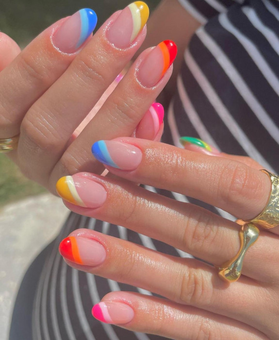 100 Cute Skittle Nails in 2022 — Rainbow Double Side French Nails