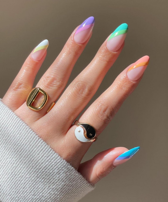 100 Cute Skittle Nails in 2022 — Pastel Double Side French Nails