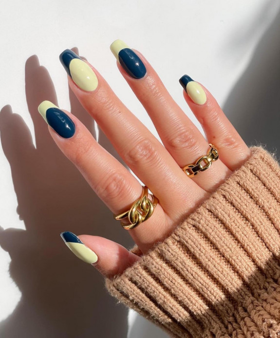 100 Cute Skittle Nails in 2022 — Dark Blue and Vanilla Color Nails