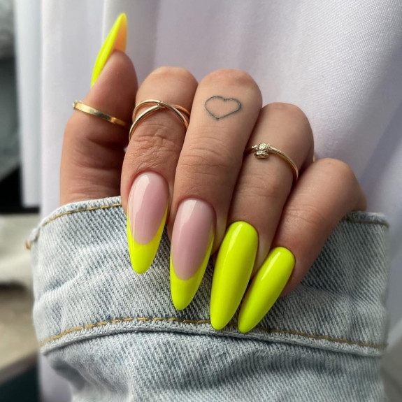 34 Bright Summer Nails — Neon Yellow French Almond Nails