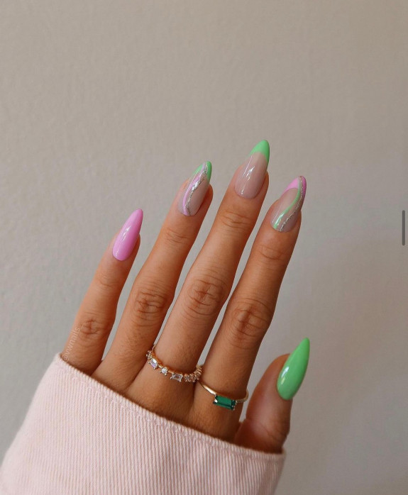 42 Swirl Nails with Pretty Color Combos — Green and Pink Swirl & French Nails