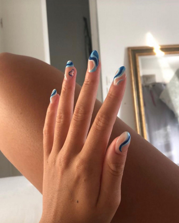 42 Swirl Nails with Pretty Color Combos — Shades of Blue Wavy Nails