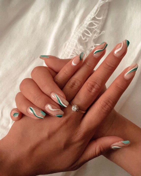 42 Swirl Nails with Pretty Color Combos — Green, White and Glitter Swirl Nails