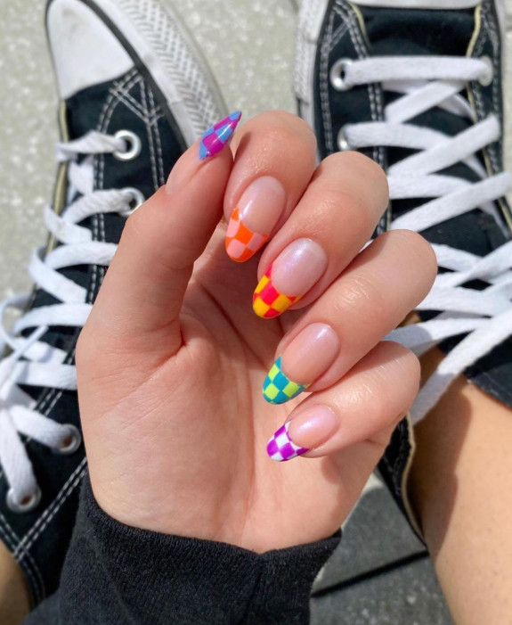 100 Cute Skittle Nails in 2022 — Colorful Checkered Board French Tips