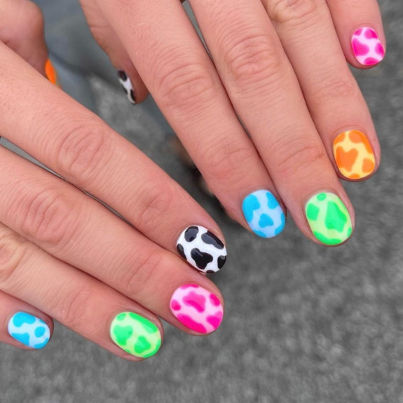 100 Cute Skittle Nails in 2022 — Colorful Cow Print Short Nails