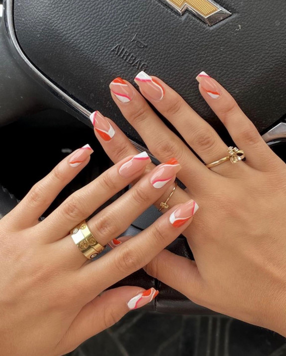 42 Swirl Nails with Pretty Color Combos — Orange, Pink and White Swirl Nails