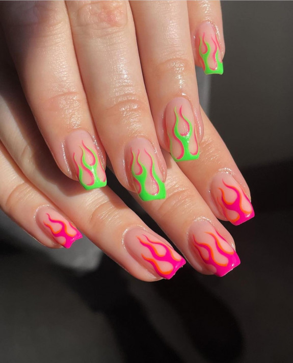 34 Bright Summer Nails — Neon Green and Pink Flame Tip Nails