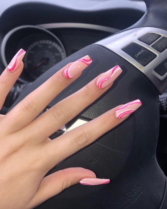 42 Swirl Nails with Pretty Color Combos — Glitter Pink Swirl Acrylic Nails