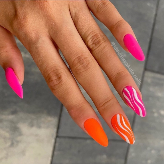 34 Bright Summer Nails — Hot Pink and Orange Almond Nails