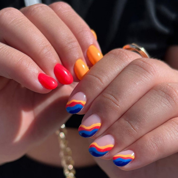 34 Bright Summer Nails — Blue, Peach and Orange Swirl Nails