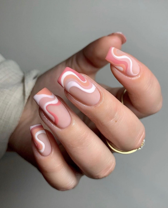 42 Swirl Nails with Pretty Color Combos — Matte Neutral Swirl Coffin Nails