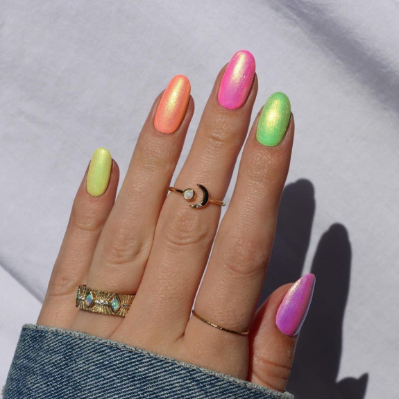 100 Cute Skittle Nails in 2022 —  Shimmery Green, Peach, Pink Nails