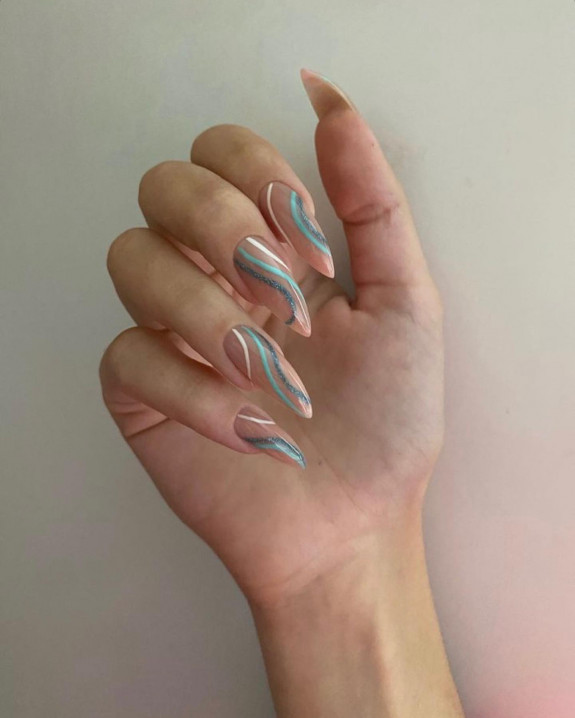 42 Swirl Nails with Pretty Color Combos — Glitter, Blue and White Swirl Stiletto Nails