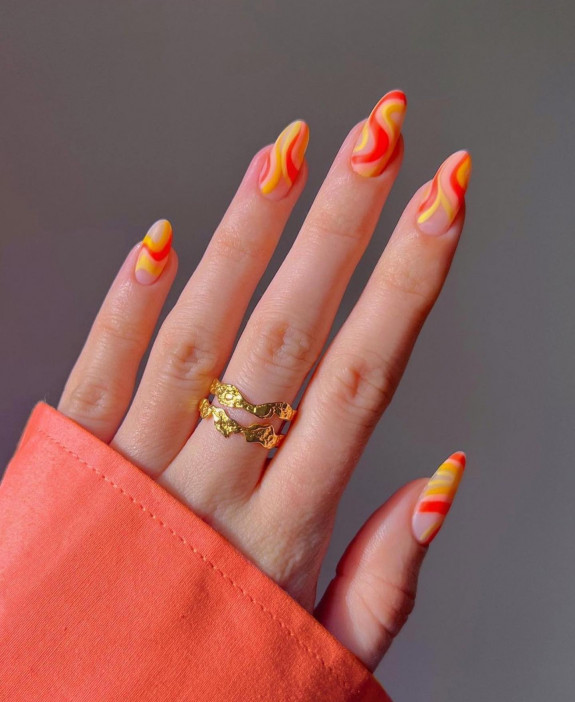 34 Bright Summer Nails — Bright Orange & Yellow Almond Nails