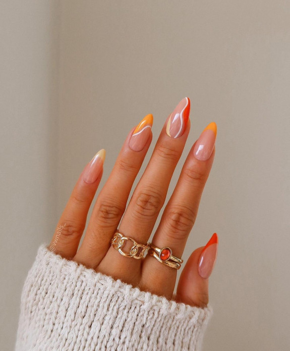 34 Bright Summer Nails — Orange and Red Swirl, French Almond Nails