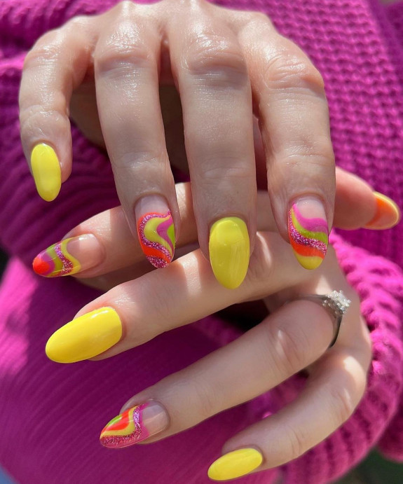 34 Bright Summer Nails — Pink Glitter, Orange and Yellow Nails