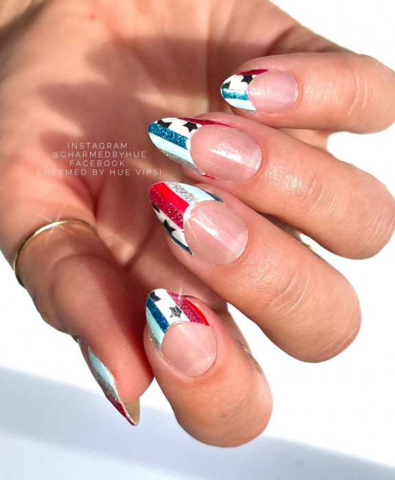 45 Patriotic Nail Designs — Glittery Blue and Red Stripped French Nails