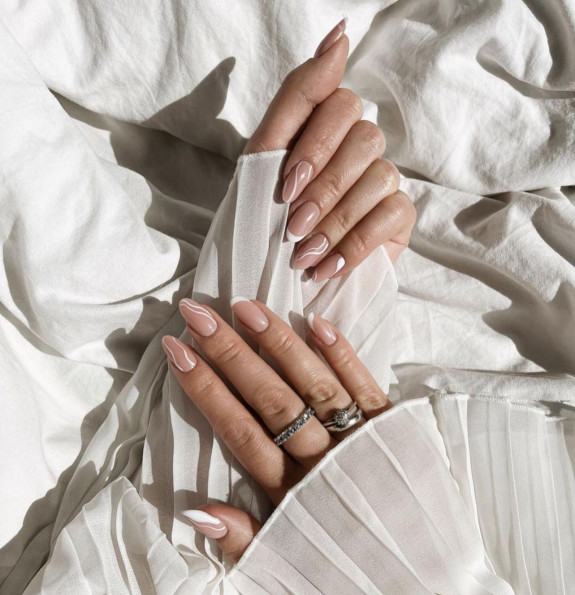 30 Spring Minimalist Nails — Nude Nails with White Swirl