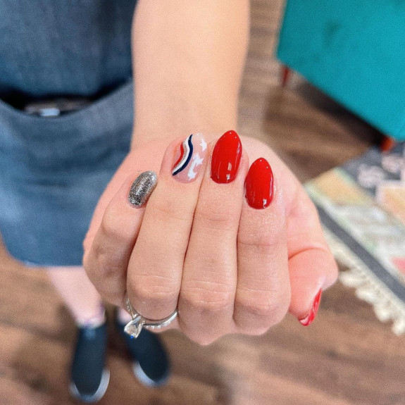 45 Patriotic Nail Designs — Blue and Red Swirl + Stars, Glitter and Red Nails