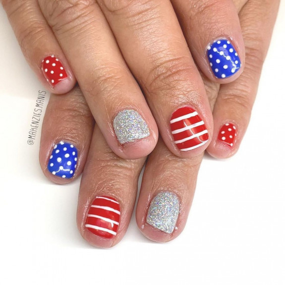 45 Patriotic Nail Designs — Polka Dot, Red Strips and Glitter Nails